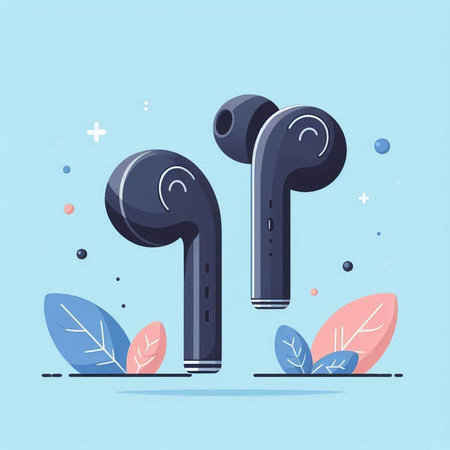 Earphones in flat style. Vector illustration on blue background with leaves.のイラスト素材