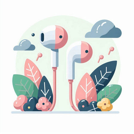 Headphones flat vector illustration. Headphones with headphones on the background of nature.のイラスト素材