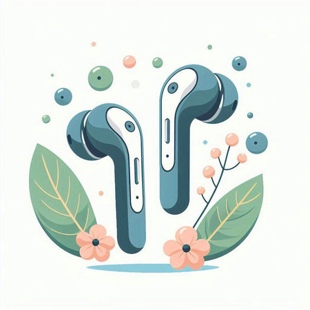 Vector illustration of modern earphones in flat style with flowers and leavesのイラスト素材