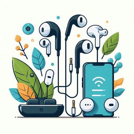 Smartphone with earphones. Vector illustration in flat design style.のイラスト素材