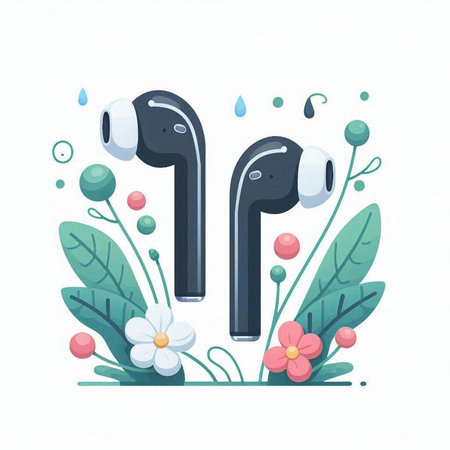 Headphones and flowers. Vector illustration in flat style on white background.のイラスト素材