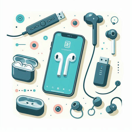 Smartphone with headphones on a white background. Vector illustration in flat style.のイラスト素材