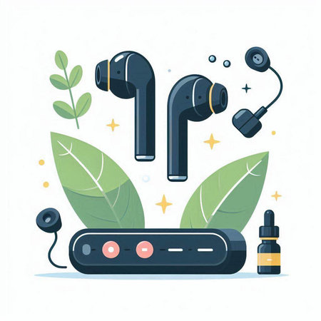 Wireless headphones, earphones and leaves. Flat vector illustration.のイラスト素材