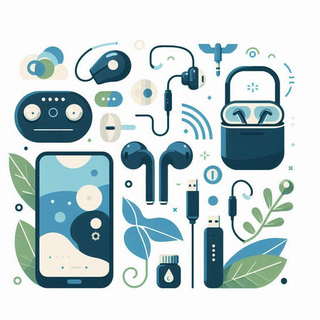 Smartphone, headphones, charger and leafs. Vector illustration.のイラスト素材