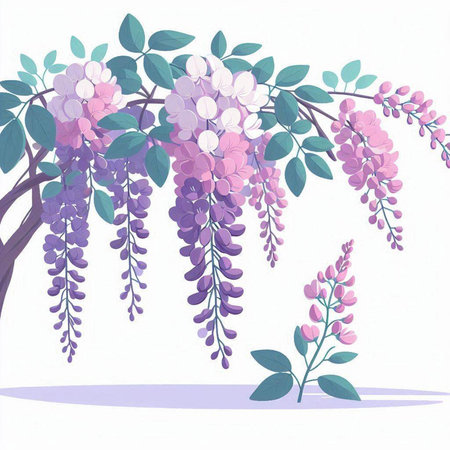 Purple wisteria flowers on a white background. Vector illustration.のイラスト素材