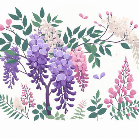 Watercolor illustration of wisteria flowers and leaves on white backgroundのイラスト素材
