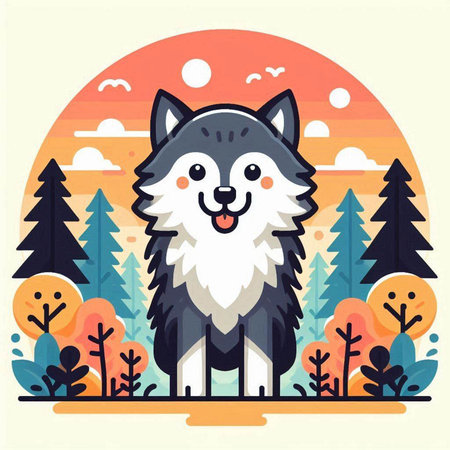 Cute cartoon wolf in the forest. Vector illustration in flat style.のイラスト素材