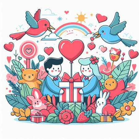 Valentine's Day greeting card with cute cartoon characters. Vector illustration.のイラスト素材