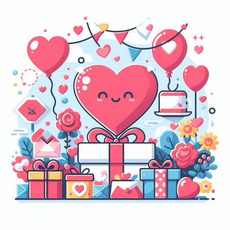Valentines day greeting card with cute hearts and gifts. Vector illustrationのイラスト素材