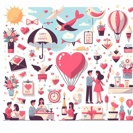 Valentine's day icons set in flat design style. Vector illustrationのイラスト素材