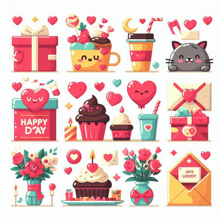 Valentines day icons set in flat style. Cute cartoon characters with flowers, gift box, cupcake, hearts and other elements.のイラスト素材