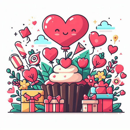 Valentine day vector illustration. Cute hand drawn cupcake with hearts, gift boxes, candies, balloons, flowers and stars.のイラスト素材