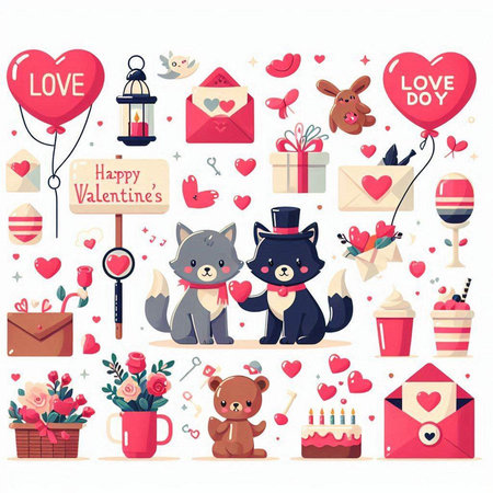 Valentine's Day set with cute animals. Vector illustration.のイラスト素材