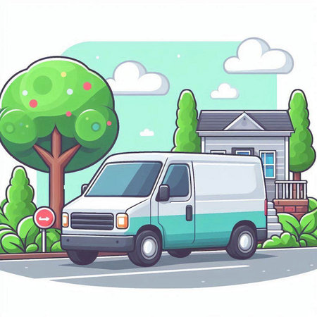 Cartoon image of a van on the street. Vector illustration.のイラスト素材