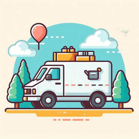 Vector illustration of a delivery van with boxes and balloons on the road.のイラスト素材