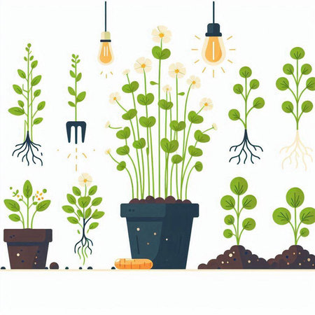 Vector illustration of plant growing in a pot with a light bulb.のイラスト素材
