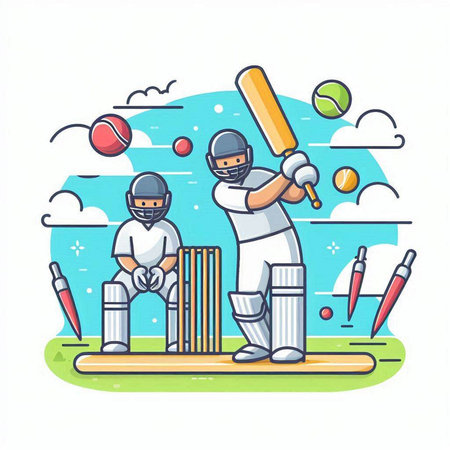 Cricket player with bat and ball. Vector illustration in flat styleのイラスト素材