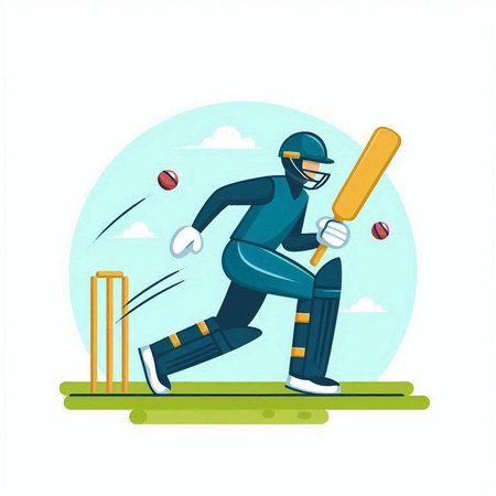 Cricket player batsman in action. Vector illustration in cartoon styleのイラスト素材