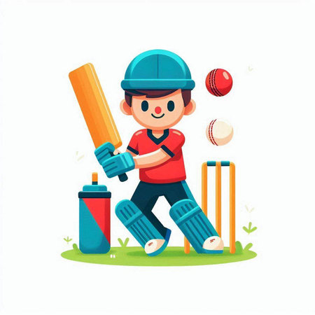 Cricket player cartoon character with bat and ball vector illustration.のイラスト素材