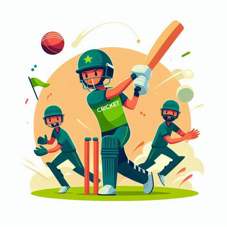 Cricket player in action with bats and ball vector illustration.のイラスト素材