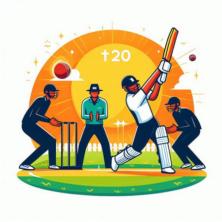 Cricket players in action vector illustration. Batsmen playing cricket game.のイラスト素材