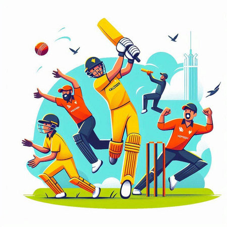 Cricket players in action on the field. Vector illustration.のイラスト素材