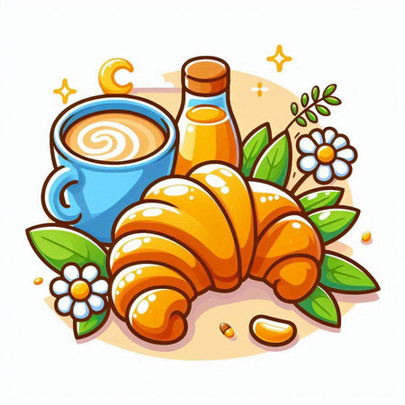 Coffee cup and croissant. Vector illustration of a cartoon style.のイラスト素材