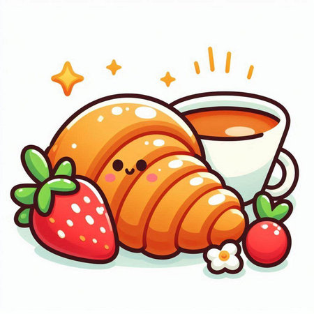 Cute cartoon croissant with strawberry and cup of tea. Vector illustration.のイラスト素材