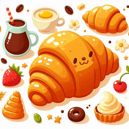 Cute cartoon croissant, cup of coffee and sweets.のイラスト素材