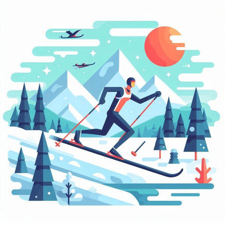 Man skiing in the mountains. Winter sport. Flat vector illustration.のイラスト素材