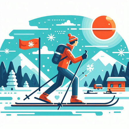 Skiing in the mountains. Vector illustration in flat style.のイラスト素材
