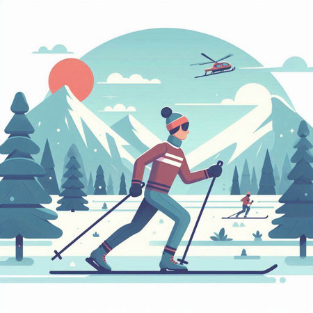 Man skiing in the mountains. Vector illustration in flat cartoon style.のイラスト素材