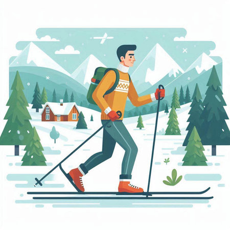 Young man skiing in the mountains. Winter sport activity. Vector illustrationのイラスト素材
