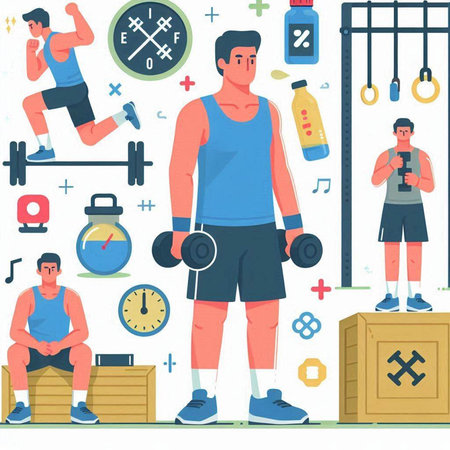 Fitness man workout in gym. Vector illustration in flat style.のイラスト素材