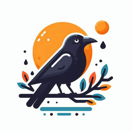Crow on a branch. Vector illustration in a flat style.のイラスト素材
