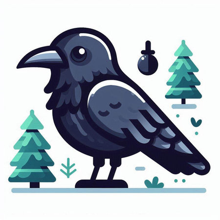 Crow and christmas tree. Vector illustration in flat style.のイラスト素材