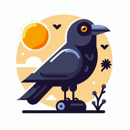 Crow vector illustration in flat style. Cute black bird on the background of the sun.のイラスト素材