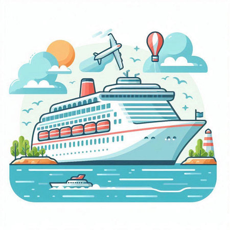 Cruise ship on the sea. Vector illustration in flat style.のイラスト素材