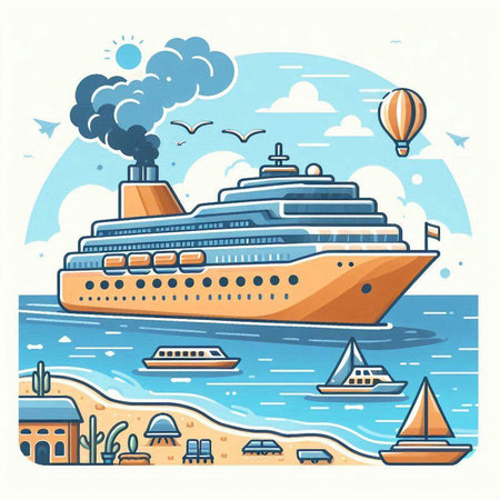 Cruise ship on the seashore. Vector illustration in flat styleのイラスト素材
