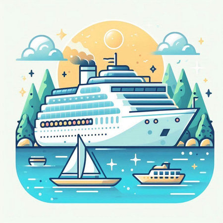 Cruise ship on the sea. Vector illustration in flat style.のイラスト素材