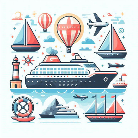 Travel and tourism icons set. Cruise ship, sailboat, lighthouse, ship, yacht, ship, compass, ship. Vector illustrationのイラスト素材