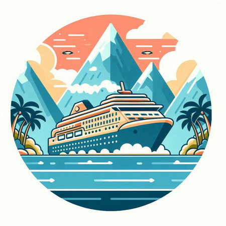 Cruise ship on the background of the mountains. Vector illustration.のイラスト素材