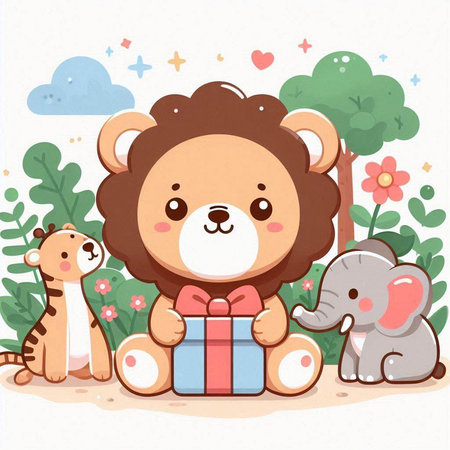 Cute cartoon lion and elephant with gift box. Vector illustration.のイラスト素材