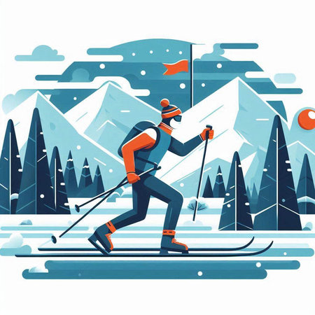Winter sports. Man skiing on a ski track. Vector illustration.のイラスト素材