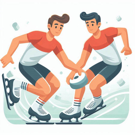 Two young men skating on ice rink flat vector illustration isolated on white background.のイラスト素材