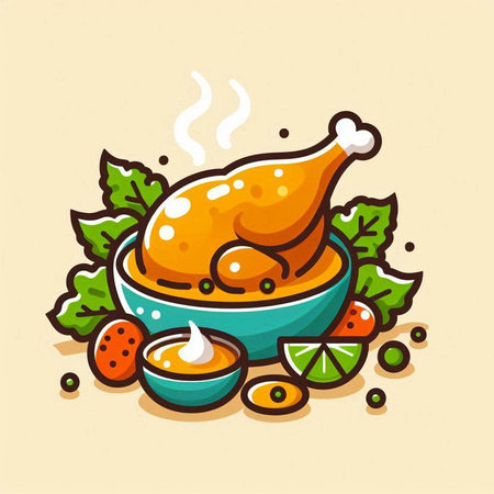 Illustration of roasted chicken in bowl with vegetables and spices. Vector illustration.のイラスト素材