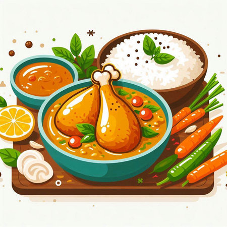 Illustration of chicken curry with rice and herbs on wooden background.のイラスト素材