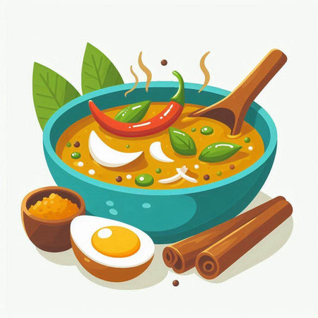 Thai soup with egg and chili. Vector illustration in cartoon style.のイラスト素材