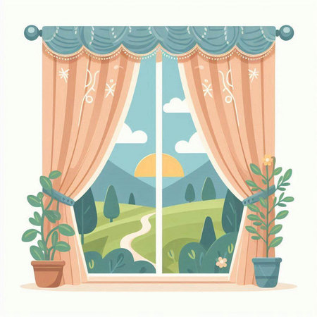 Window with curtains and landscape. Vector illustration in flat cartoon style.のイラスト素材