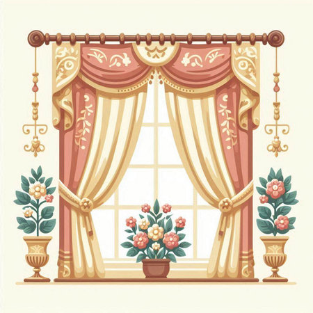 Decorative window with curtains and flowers. Vector illustration in retro styleのイラスト素材
